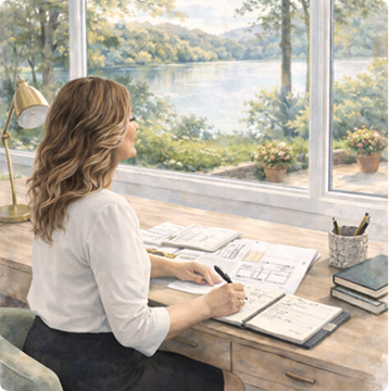 Woman working at desk with floor plans