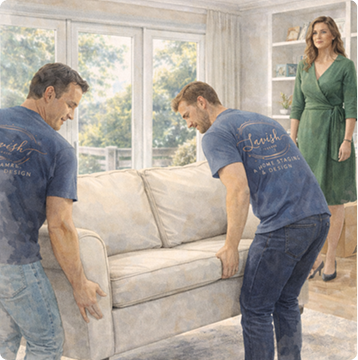 Two people moving a sofa